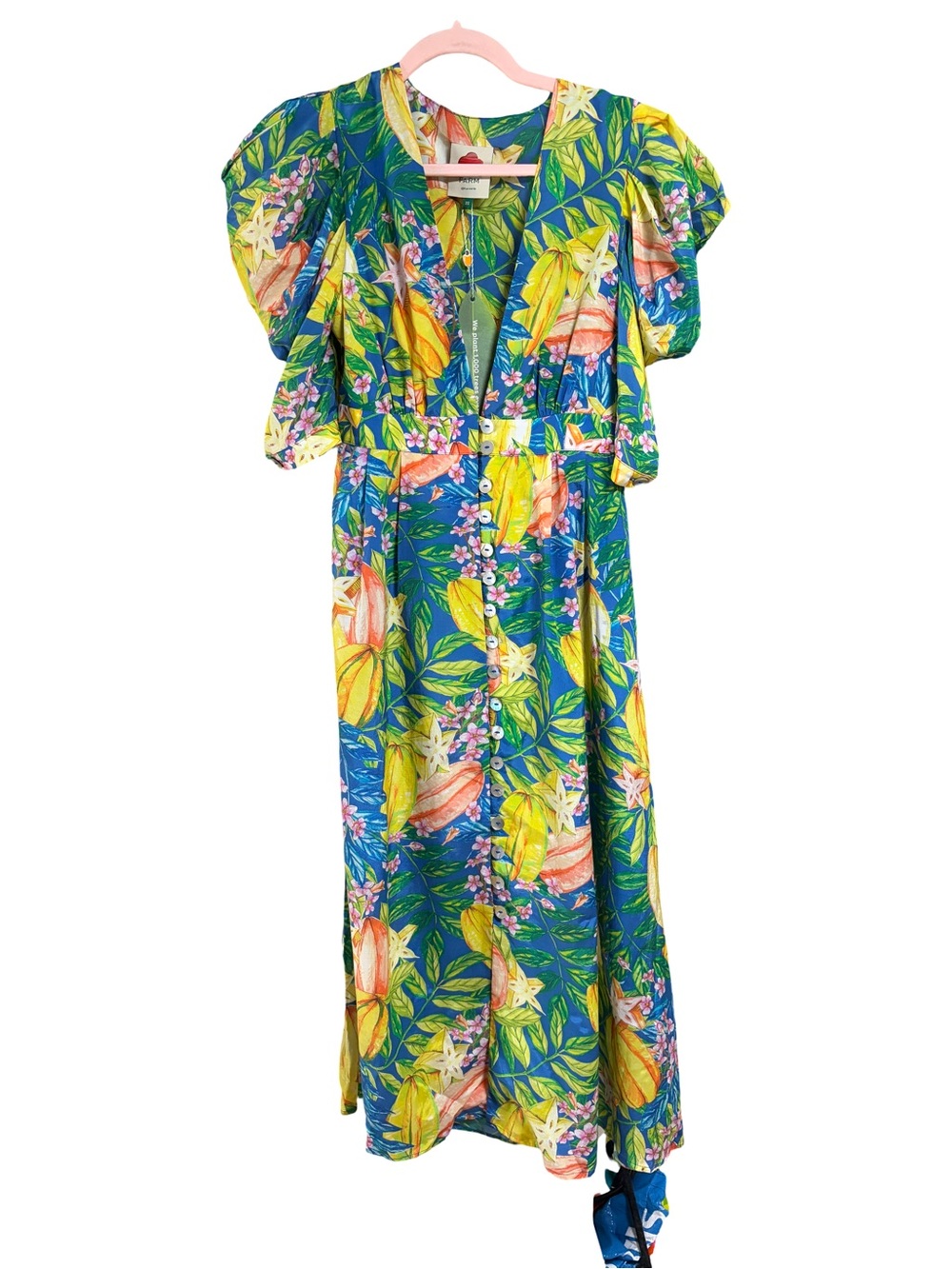 FARM Rio Blue and Yellow Tropical Puff-Sleeve Midi Dress - Picture 3 of 13